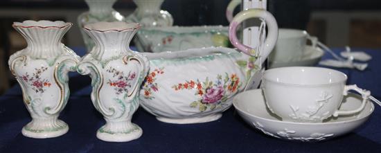A Derby leaf shaped sauce boat, c.1960, a pair of Rococo vases, c.1765, sauceboat with some overpainting